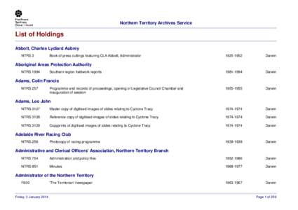 Northern Territory Archives Service  List of Holdings Abbott, Charles Lydiard Aubrey NTRS 3