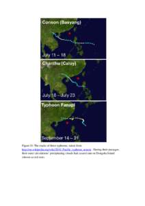 Figure S1 The tracks of three typhoons, taken from http://en.wikipedia.org/wiki/2010_Pacific_typhoon_season . During their passages, their outer circulations’ precipitating clouds had caused rain on Dongsha Island (sho