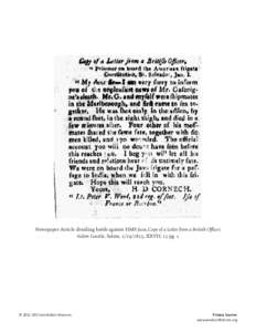 Newspaper Article detailing battle against HMS Java, Copy of a Letter from a British Officer; Salem Gazette. Salem, [removed], XXVII: 15 pg. 1 © 2011 USS Constitution Museum  Primary Sources