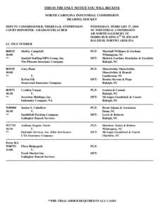 THIS IS THE ONLY NOTICE YOU WILL RECEIVE NORTH CAROLINA INDUSTRIAL COMMISSION HEARING DOCKET DEPUTY COMMISSIONER: THERESA B. STEPHENSON COURT REPORTER: GRAHAM ERLACHER