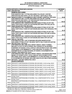 NC DIVISION OF MEDICAL ASSISTANCE MEDICAID ORTHOTICS PROSTHETICS - FEE SCHEDULE EFFECTIVE October 1, 2009 HCPCS ORTHOTIC & PROSTHETIC DEVICES CODE DESCRIPTION DIABETIC FOOT CODES