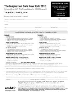 The Inspiration Gala New YorkREGISTRATION FORM FOR ALL PAYMENT METHODS,  to benefit amfAR, The Foundation for AIDS Research