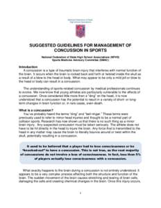 SUGGESTED GUIDELINES FOR MANAGEMENT OF CONCUSSION IN SPORTS National Federation of State High School Associations (NFHS) Sports Medicine Advisory Committee (SMAC)  Introduction