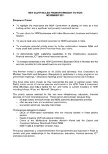 NEW SOUTH WALES PREMIER’S MISSION TO INDIA NOVEMBER 2011 Purpose of Travel •  To highlight the importance the NSW Government is placing on India as a key