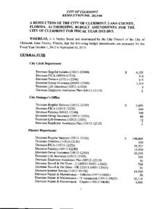 CITY OF CLERMONT  RESOLUTION NO[removed]A RESOLUTION OF THE CITY OF CLERMONT, LAKE COUNTY, FLORIDA, AUTHORIZING BUDGET AMENDMENTS FOR THE