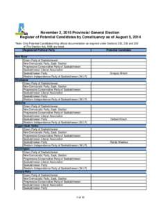 November 2, 2015 Provincial General Election Register of Potential Candidates by Constituency as of August 5, 2014 *Note: Only Potential Candidates filing official documentation as required under Sections 230, 236 and 23