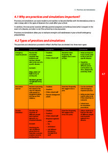 4 - Practices and simulations  4.1 Why are practices and simulations important? Practices and simulations can assist students and teachers to become familiar with the immediate action to take to keep safe in the types of