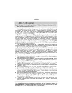 Introduction  1 Editor’s introduction David Harmon, The George Wright Society, P.O. Box 65, Hancock, Michigan[removed]; [removed] “Crossing Boundaries in Park Management: On the Ground, In the Mind, A