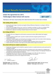 Under the agreement for 2015 Tallebudgera State School will receive $211,037*  *Estimated on 2014 data. Actual funding will be determined after 2015 enrolment data is finalised.