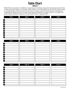 Table Chart Optional While this form is optional, it is helpful in organizing your mealtime assignments. Some groups use this form to help assign table captains. For example, all the number 1s are table captains for the 