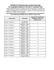 NYSESLAT Administration by Birth Date/Age for Ungraded Students in the 2013–14 School Year English language learners who are graded must take the NYSESLAT for the grade level in which they are enrolled. The chart below