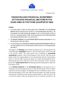 18 February[removed]FINANCING AND FINANCIAL INVESTMENT OF THE NON-FINANCIAL SECTORS IN THE EURO AREA IN THE THIRD QUARTER OF 2003 Highlights: