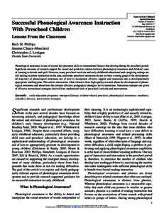 Successful Phonological Awareness Instruction With Preschool Children Lessons From the Classroom Topics in Early Childhood Special Education