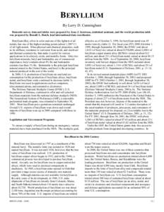 BERYLLIUM By Larry D. Cunningham Domestic survey data and tables were prepared by Jesse J. Inestroza, statistical assistant, and the world production table was prepared by Ronald L. Hatch, lead international data coordin