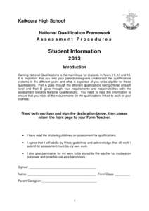 Kaikoura High School National Qualification Framework Assessment Procedures Student Information 2013