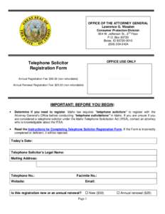 OFFICE OF THE ATTORNEY GENERAL Lawrence G. Wasden Consumer Protection Division 954 W. Jefferson St., 2nd Floor P.O. Box[removed]Boise, ID[removed]