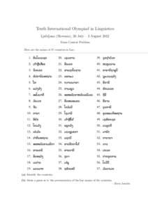 Tenth International Olympiad in Linguistics Ljubljana (Slovenia), 30 July – 3 August 2012 Team Contest Problem Here are the names of 57 countries in Lao:  (a) Identify the countries.