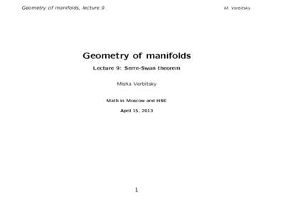 Geometry of manifolds, lecture 9  M. Verbitsky Geometry of manifolds Lecture 9: Serre-Swan theorem