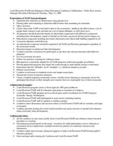 Court Diversion/TASP and Substance Abuse Prevention Coalitions Collaboration - Notes from session Strategic Prevention Framework Training - May 12, 2009 Expectations of TASP from participants • Statewide data collectio