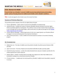 MAINTAIN THE MIDDLE: FACT SHEET  March 6, 2015 GOAL: Maintain the Middle Prevent further loss of Boulder’s economic middle by preserving existing housing and providing