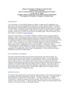 “Status of Freedom of Religion in Central Asia” Comments by Talal Eid, the U.S. Commission on International Religious Freedom at the July 10, 2009 Freedom House/Kazakhstan 2010 NGO Coalition Side-Event, “The Assaul