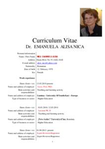 Curriculum Vitae Dr. EMANUELA ALISA NICA Personal information Name / First Name Address E-mail address