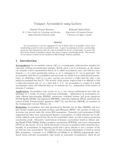 Compact Accumulator using Lattices Mahabir Prasad Jhanwar Reihaneh Safavi-Naini  R. C. Bose Center for Cryptology and Security