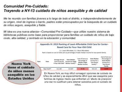 Comunidad Pre-Cuidado: Trayendo a NY-13 cuidado de niños asequible y de calidad Me he reunido con familias jóvenes a lo largo de todo el distrito, e independendientemente de su origen, nivel de ingreso o barrio, padres