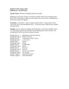 English S-124E. Summer 2014 Shakespeare’s Ten Best Plays Gordon Teskey, Professor of English, Harvard University Shakespeare wrote some 36 plays, all of them excellent. These ten are chosen because they are the most fa