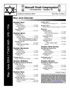 Jonathan H. Hausman, Rabbi  Alan Lader, President May/June Calendar Shabbat Emor