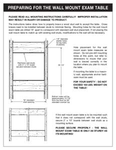 PREPARING FOR THE WALL MOUNT EXAM TABLE PLEASE READ ALL MOUNTING INSTRUCTIONS CAREFULLY! IMPROPER INSTALLATION MAY RESULT IN INJURY OR DAMAGE TO PRODUCT. The instructions below show how to properly brace a wood stud wall