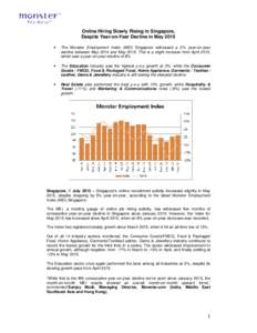 Online Hiring Slowly Rising in Singapore, Despite Year-on-Year Decline in May 2015 • The Monster Employment Index (MEI) Singapore witnessed a 5% year-on-year decline between May 2014 and MayThis is a slight incr