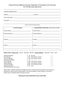 Council Grove/Morris County Chamber of Commerce & Tourism 2014 Membership Application ___________________________________________________________________________ BUSINESS/ORGANIZATION: ___________________________________