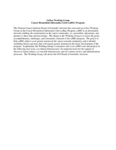 Ad hoc Working Group Cancer Biomedical Informatics Grid (caBIG) Program The National Cancer Institute Board of Scientific Advisors has convened an ad hoc Working Group on the Cancer Biomedical Informatics Grid (caBig) Pr