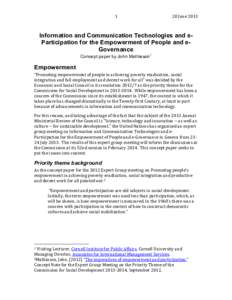 1  20 June 2013 Information and Communication Technologies and eParticipation for the Empowerment of People and eGovernance Concept paper by John Mathiason1