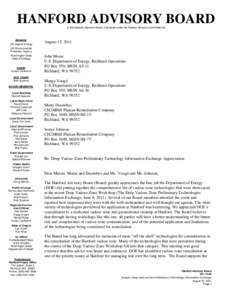 HANFORD ADVISORY BOARD A Site Specific Advisory Board, Chartered under the Federal Advisory Committee Act Advising: US Dept of Energy