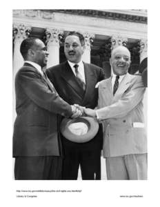 Left to right: George E.C. Hayes, Thurgood Marshall, and James M. Nabrit, congratulating each other, following Supreme Court decision declaring segregation unconstitutional