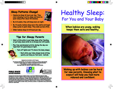 Healthy Sleep:  Sleep Patterns Change! •	 Newborns sleep 16 hours per day. They start sleeping in active sleep and move to quiet sleep after about 20 minutes.