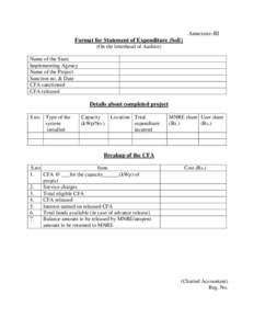 Annexure-III Format for Statement of Expenditure (SoE) (On the letterhead of Auditor) Name of the State Implementing Agency Name of the Project