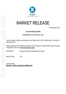 For personal use only  MARKET RELEASE 18 December 2014 Lovisa Holdings Limited