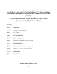 UNOFFICIAL COMPLIATION OF CODES, RULES AND REGULATIONS OF THE STATE OF NEW YORK TITLE 10. DEPARTMNET OF HEALTH. CHAPTER II. PART 75. STANDARDS FOR INDIVIDUAL WATER SUPPLY AND INDIVIDUAL SEWAGE TREATMENT SYSTEMS. APPENDIX