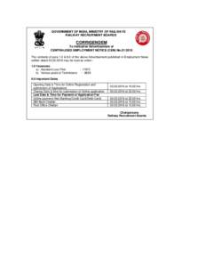 GOVERNMENT OF INDIA, MINISTRY OF RAILWAYS RAILWAY RECRUITMENT BOARDS CORRIGENDEM To Indicative Advertisement of CENTRALISED EMPLOYMENT NOTICE (CEN) No