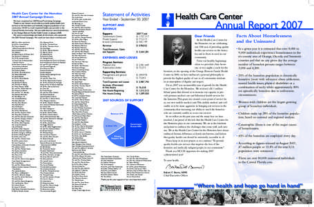 We have completed our 2007Annual Fundraising Campaign. Thanks to our donors we are able to provide quality health care services to the homeless and medically indigent populations of our community. HCCH is a well respecte