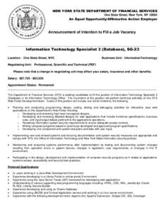 Vacancy Announcement: Information Technology Specialist 3 (Database), SG-23