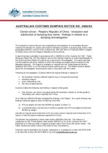 Matter / Dumping / Silicon / Australian Customs and Border Protection Service / Export / Chemistry / International trade / Business