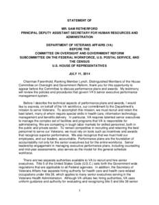 STATEMENT OF MR. SAM RETHERFORD PRINCIPAL DEPUTY ASSISTANT SECRETARY FOR HUMAN RESOURCES AND ADMINISTRATION DEPARTMENT OF VETERANS AFFAIRS (VA) BEFORE THE