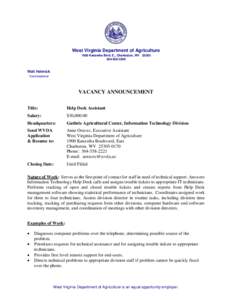 West Virginia Department of Agriculture 1900 Kanawha Blvd. E., Charleston, WV[removed]3550 Walt Helmick Commissioner