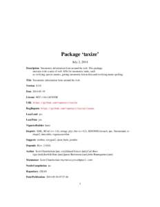 Package ‘taxize’ July 2, 2014 Description Taxonomic information from around the web. This package interacts with a suite of web APIs for taxonomic tasks, such as verifying species names, getting taxonomic hierarchies