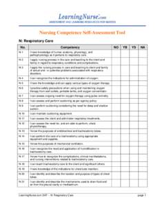 Nursing Competence Self-Assessment Tool N: Respiratory Care No. Competency