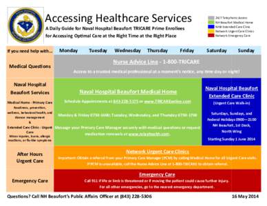 Accessing Healthcare Services A Daily Guide for Naval Hospital Beaufort TRICARE Prime Enrollees for Accessing Optimal Care at the Right Time at the Right Place If you need help with...  Medical Questions